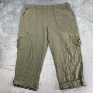 Eddie Bauer Pants Womens XL Olive Green Cargo Roll Hem Crop Linen Rayon Pull On‎